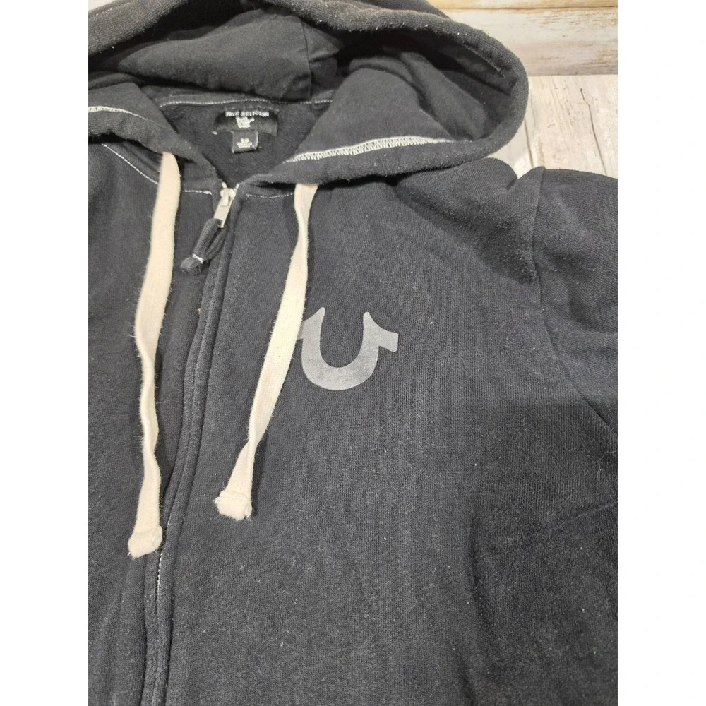 True Religion Mens Black World Tour Buddha Zip Up Hoodie Small Contrast Stitch S